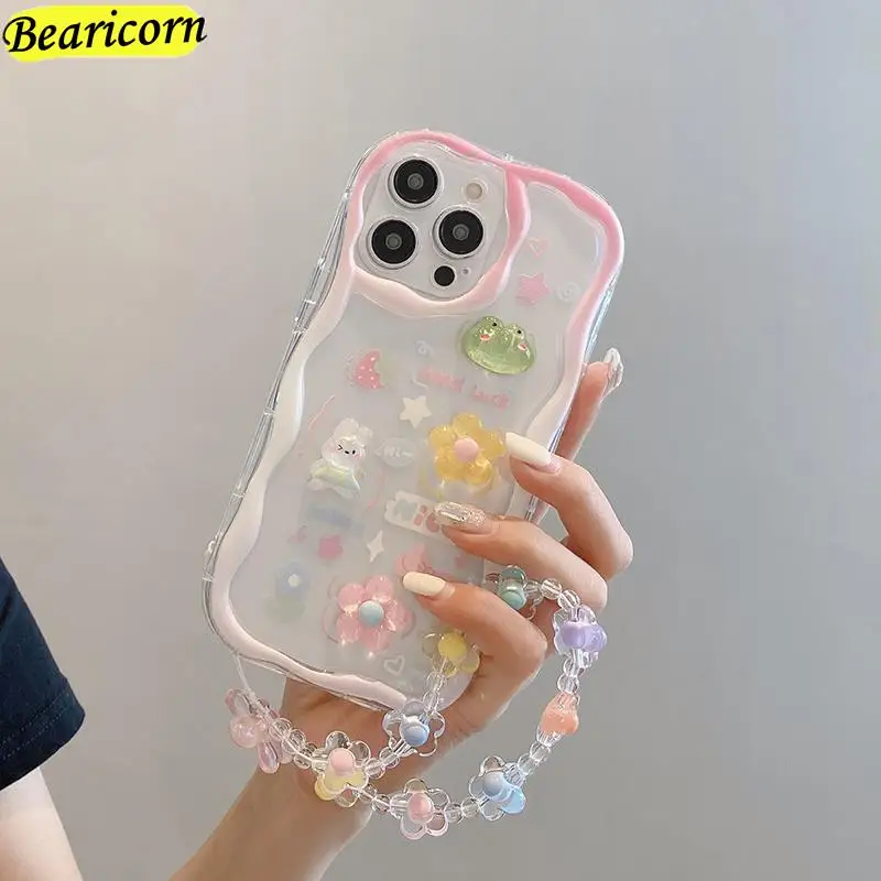 Curly Wave Edge Cream Rabbit Phone Case For Samsung Galaxy A50 A51 A52s A53 A54 A71 A72 A73 M32 M22 M54 F54 5G Wrist Strap Cover