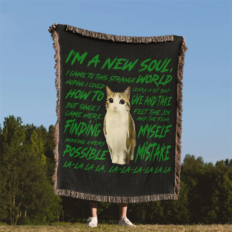 Gaslight Gatekeep Girlboss Meowl Cat Owl Funny Meme Brainrot Gen Z Joke Meme Jacquard Fringed Woven Throw Blanket with Tassel
