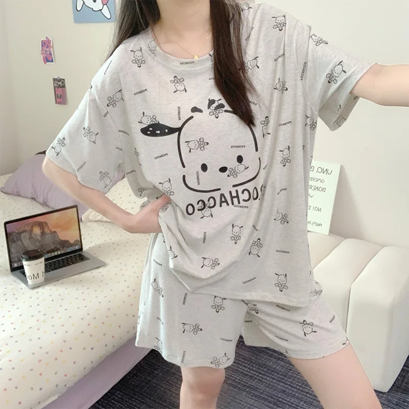Hello Kitty's New Summer Pajamas for Women Modal Fixed Chest Pads Short Sleeved Shorts Sweet Cute Outerwear Set Cartoon Style