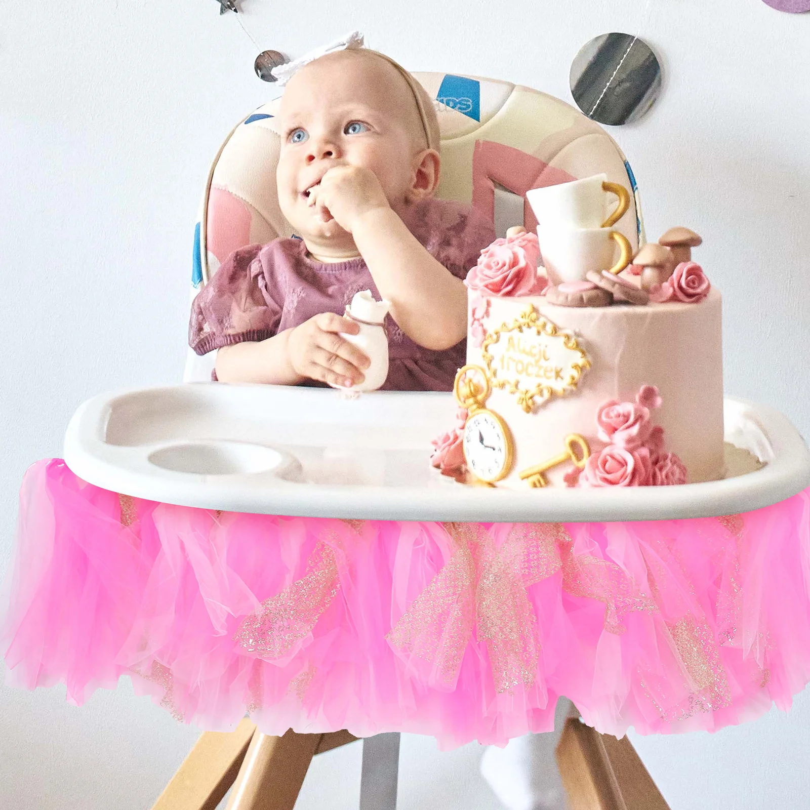 

Baby Tutu Skirt Handmade Glitter Tulle Pink Rosy Shower Party High Chair Decoration High Chair Skirt