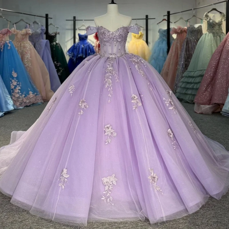 

Светло-сиреневые блестящие платья Quinceanera с открытыми плечами и аппликацией, кружевное тюлевое платье с бисером и кристаллами для вечеринки, дня рождения, сладкое платье 16, Vestidos