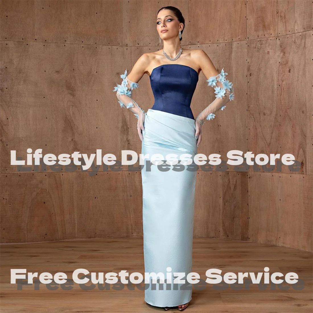 Customized Satin Pleat Straight Sweet Evening Dress With Flowers Gloves Back Split Formal Occasion Prom Dress Blue Party Gown