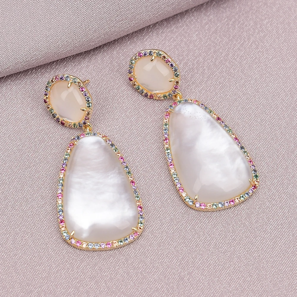 

GG Natural White Sea Shell Colorful Zircon Paved Stud Dangle Earrings