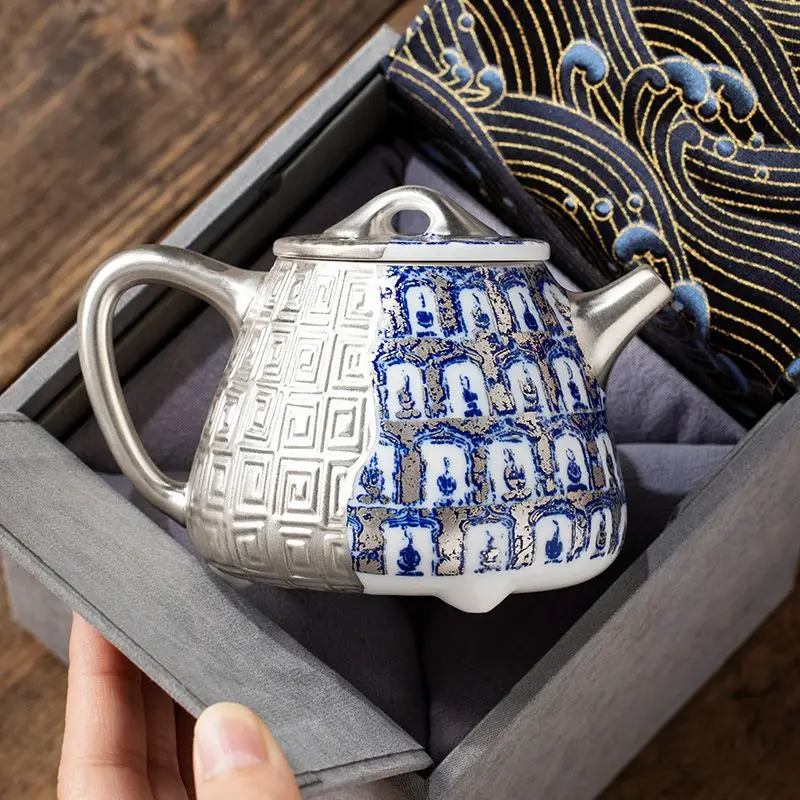 200ml Master He Fusen Hand Made Gilded Silver Blue And White Buddha TeaPot Gilded Silver TeaSet KungFu Tea Set Collection Kettle