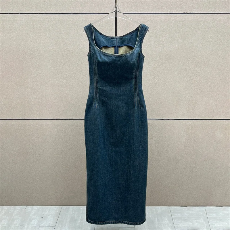 

Womens dresses New retro pure cotton sleeveless long skirt for autumn 2025 Square neck slim fit midi dresses casual Denim dress