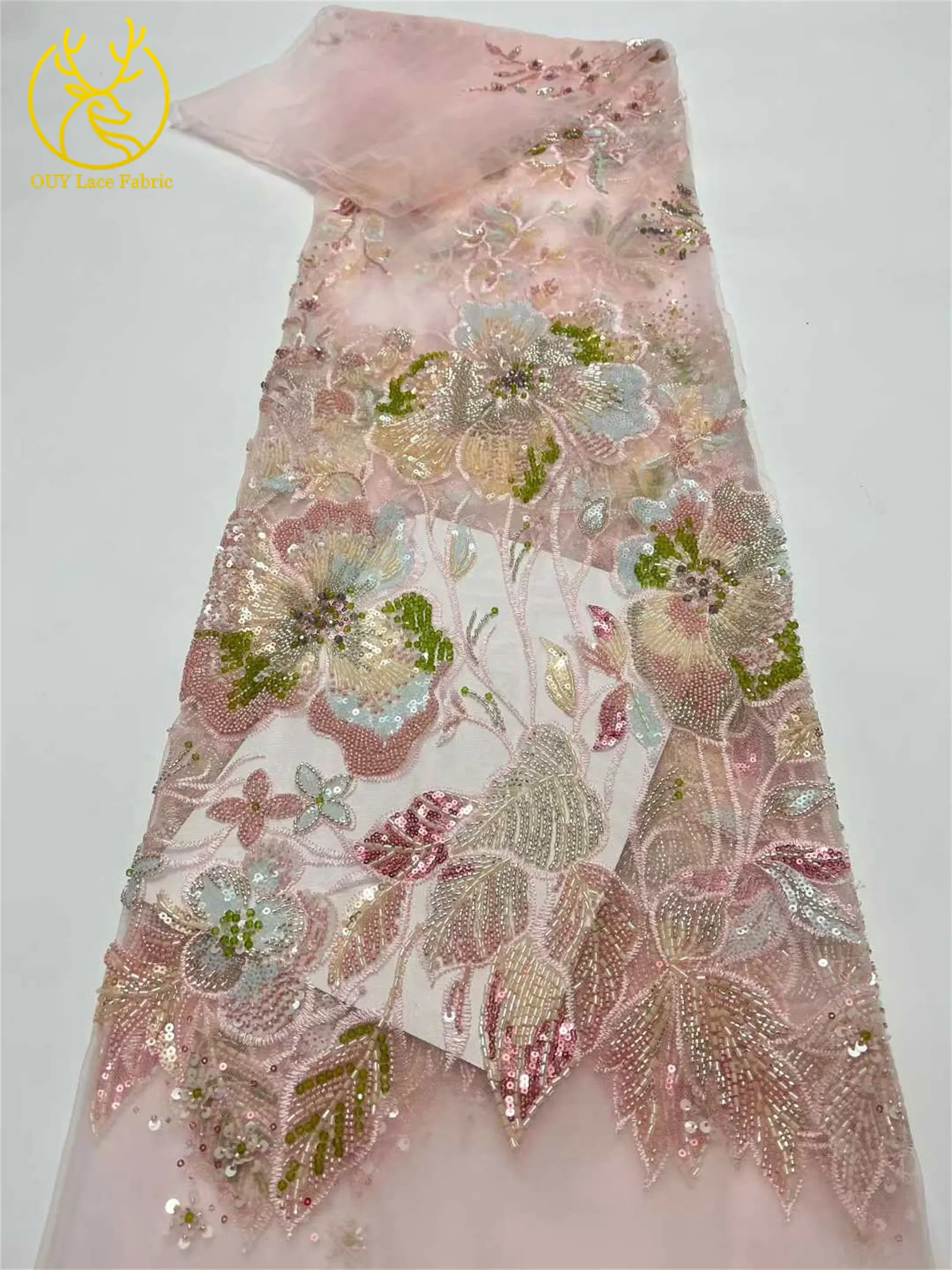 Afrikanischer schwerer Perlen-Spitzenstoff, 5 Yards, luxuriöse französische Pailletten-Spitze, Nigeria-Stickerei, Tüllspitze für Hochzeitskleider – Detail 16