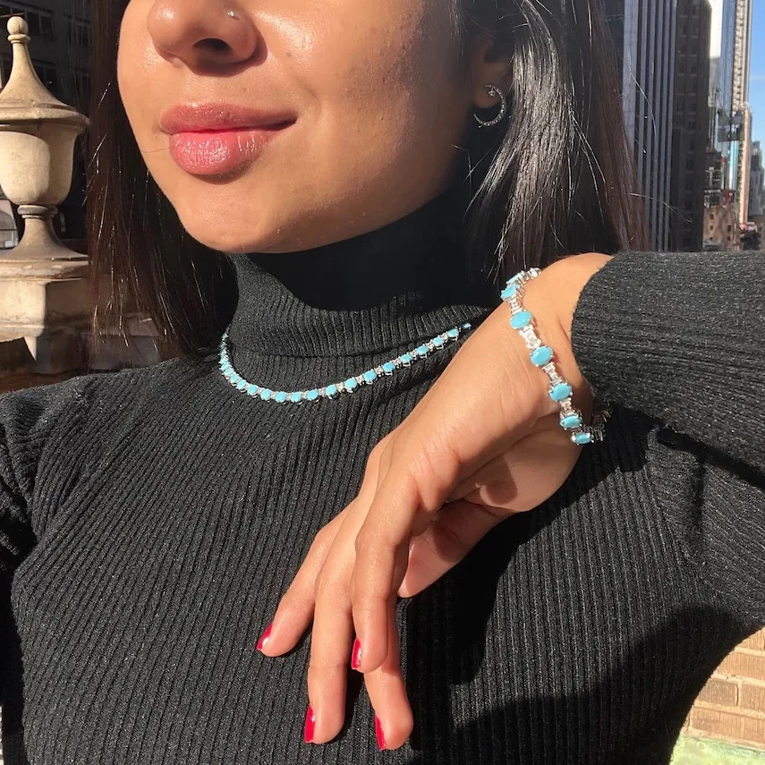 Summer Hot Selling 16 Inches Luxury Women Choker Clear 5A CZ Blue Turquoises Prong Set Tennis Chain Necklace