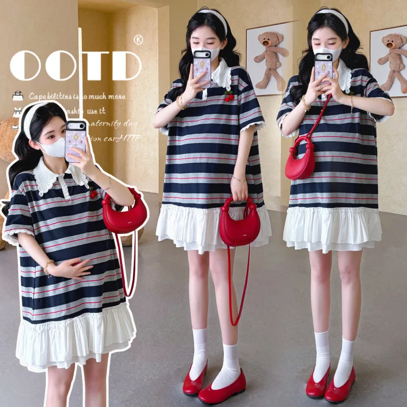 Maternity Dress Summer 2026 Lace Peter Pan Collar Striped Short Sleeve Dress Ruffle Hem For Pregnant Women Casual