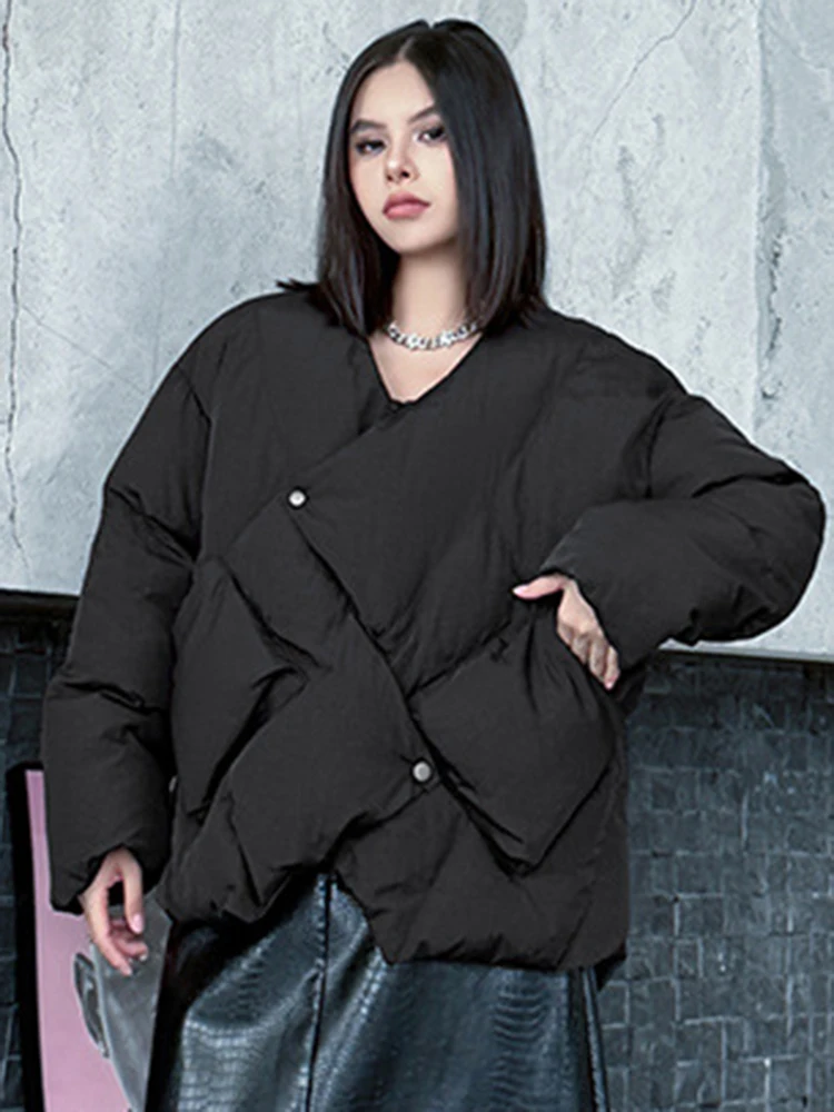 YERMORA أسود غير منتظم مشبك سميكة وسادة مبطنة للنساء الخامس الرقبة طويلة الأكمام فضفاضة جديدة معطف القطن موضة خريف شتاء 2025 #3