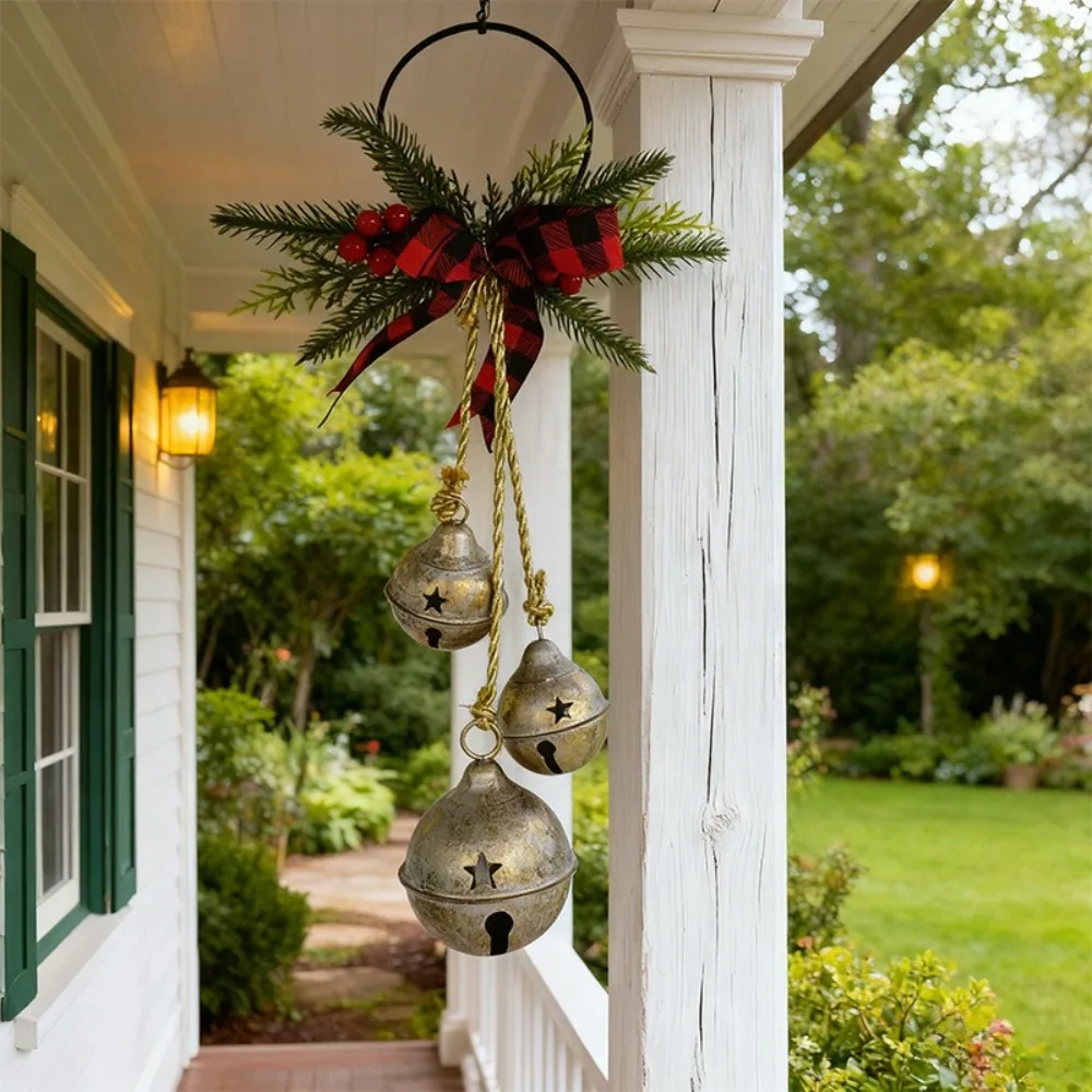 Three-Bell Christmas Tree Bell Decorations Shatterproof Rustic Style Xmas Tree Pendant with Bowknot Festive