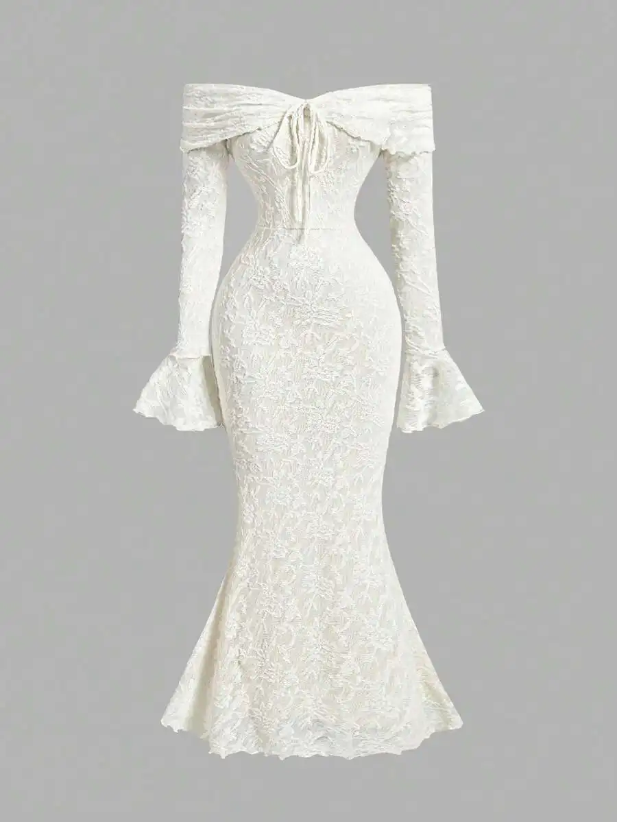 

White Lace Off-Shoulder Long Sleeve Bodycon Mermaid Dress with Front Tie