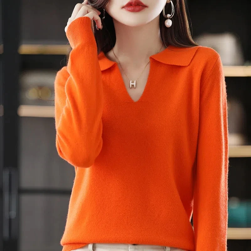 2022 New Lapel Polo Neck Knitted Bottoming Top Women\'s Autumn Winter Solid Color Base All Match Causal Sweater For Fashion