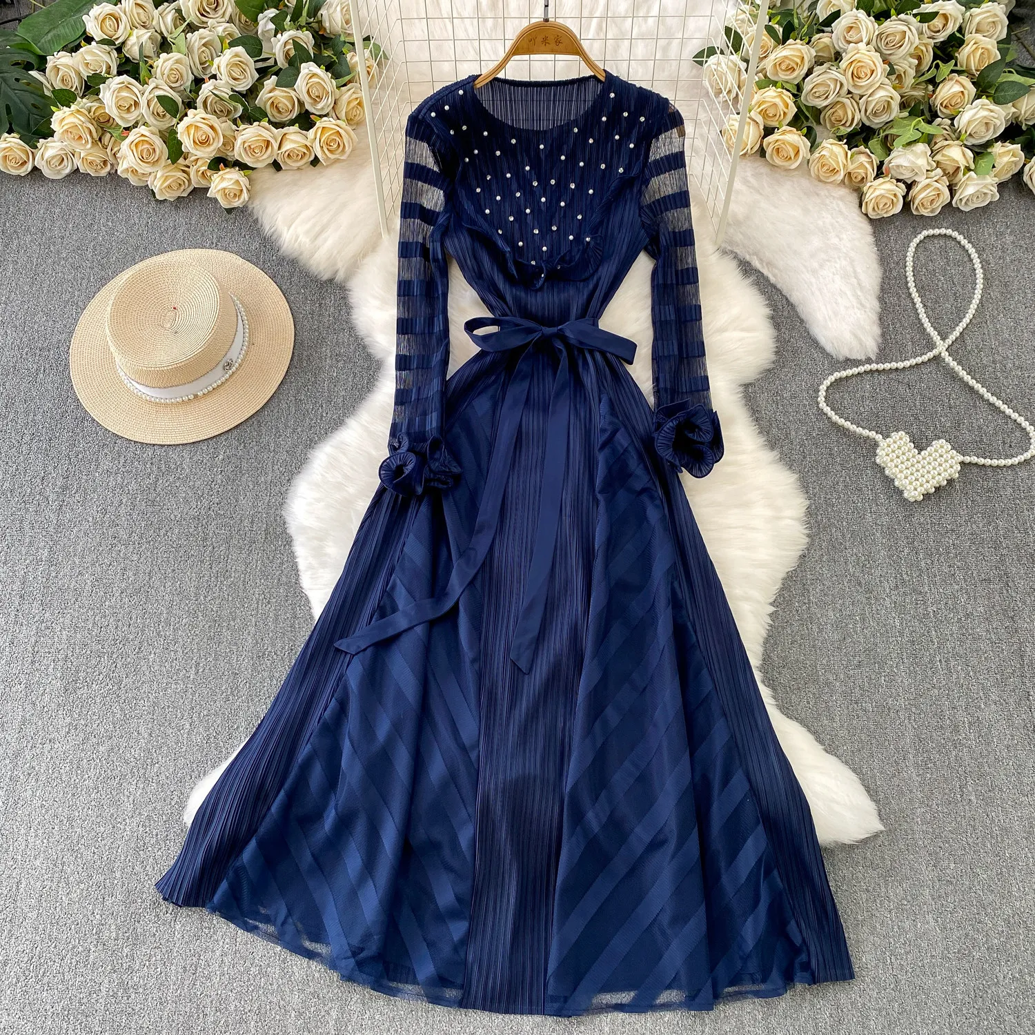 

Элегантное шикарное платье с длинными рукавами и бисером, корейская мода, вечерние платья, сексуальное женское платье А-силуэта в стиле фейрикор