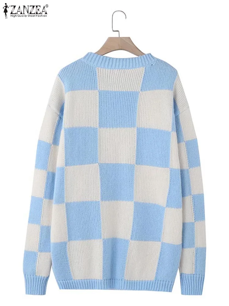 ZANZEA Women Pullovers Sweaters 2025 Autumn Winter Knitted Casual Jumpers Oversized Plaid Loose Long Sleeve Top Fashion Sweater