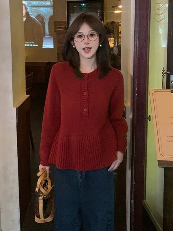 

Cisas новогодний красный вязаный свободный крой женский длинный све круглый Ne мягкий теплый топ модный осенне-зимний сле