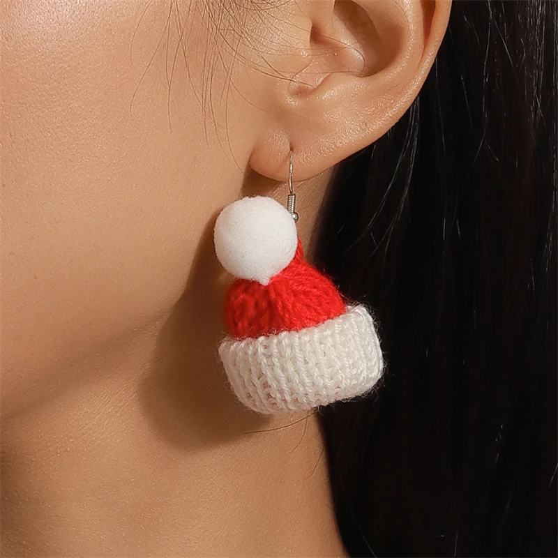 Cute Handmade Knitted Christmas Hat Drop Earrings for Women Girl New Year Party Holiday Jewelry Gifts