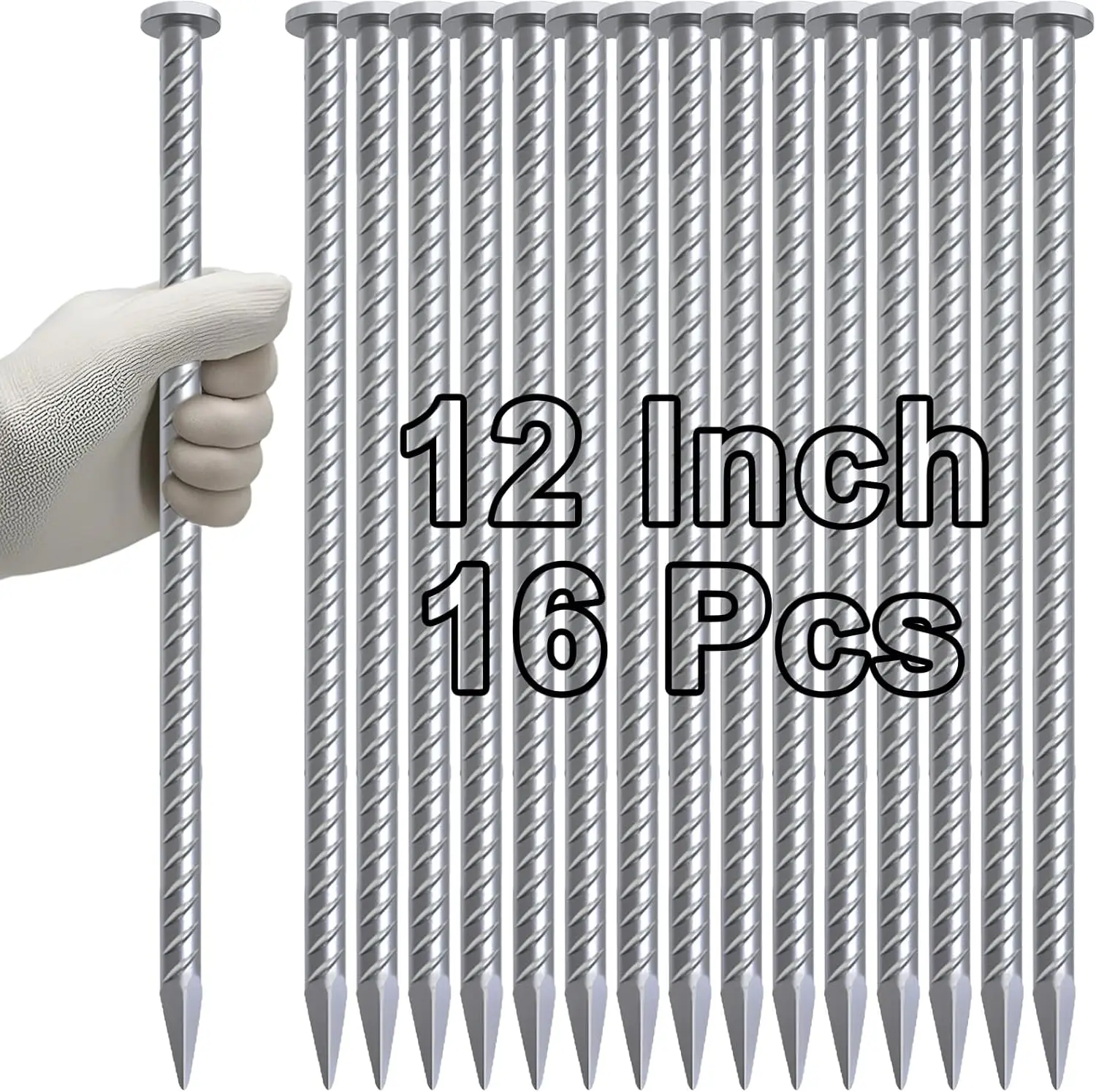 

12 Inch Rebar Stakes 16pcs, 1/2" Diameter Galvanized Steel Anchoring Spikes for Asphalt, Speed Bump, Parking Curb, Tarp, Heavy