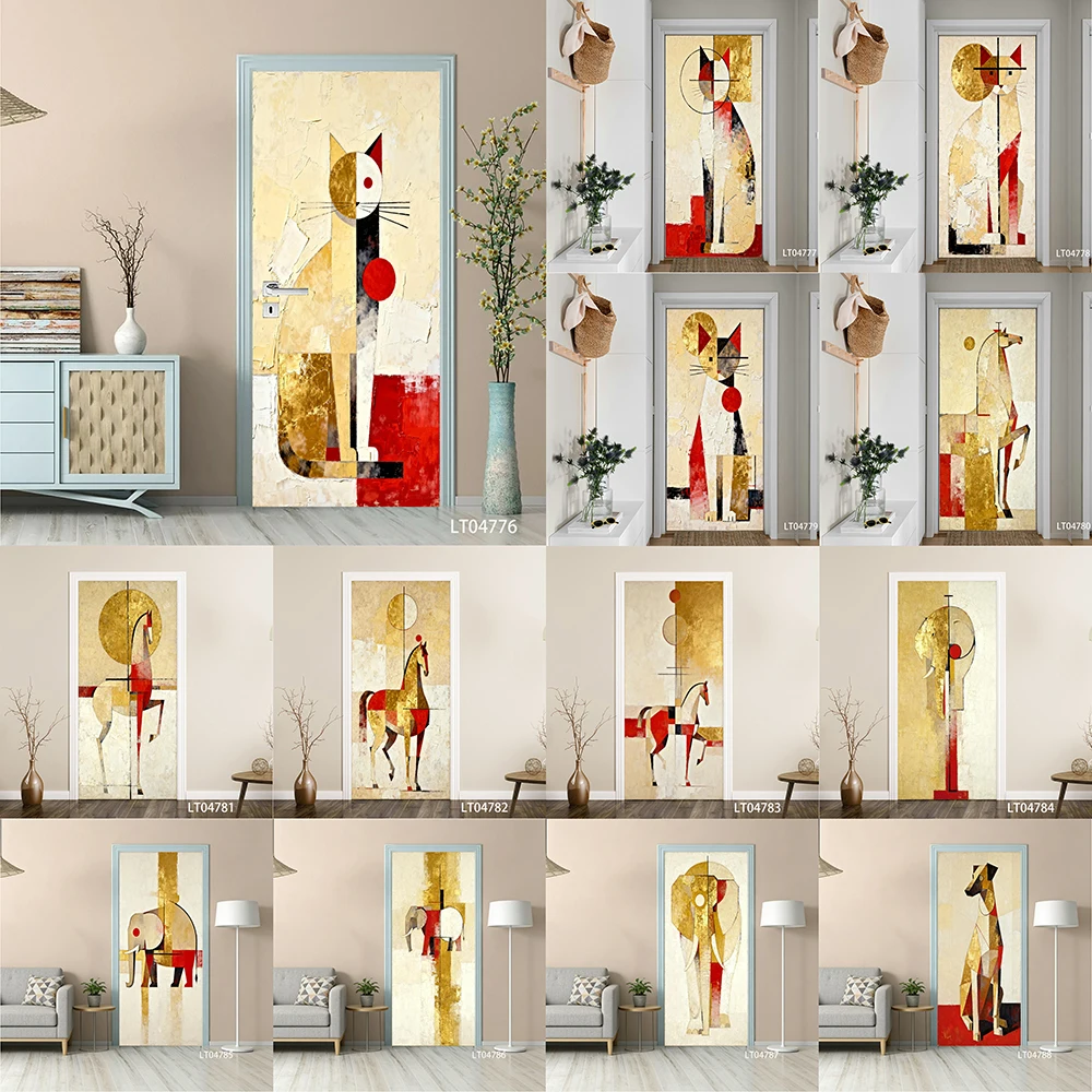 

Geometric Animal Door Sticker, Removable Peel and Stick Self Adhesive Wallpaper, Modern Art Mural for Home Decor