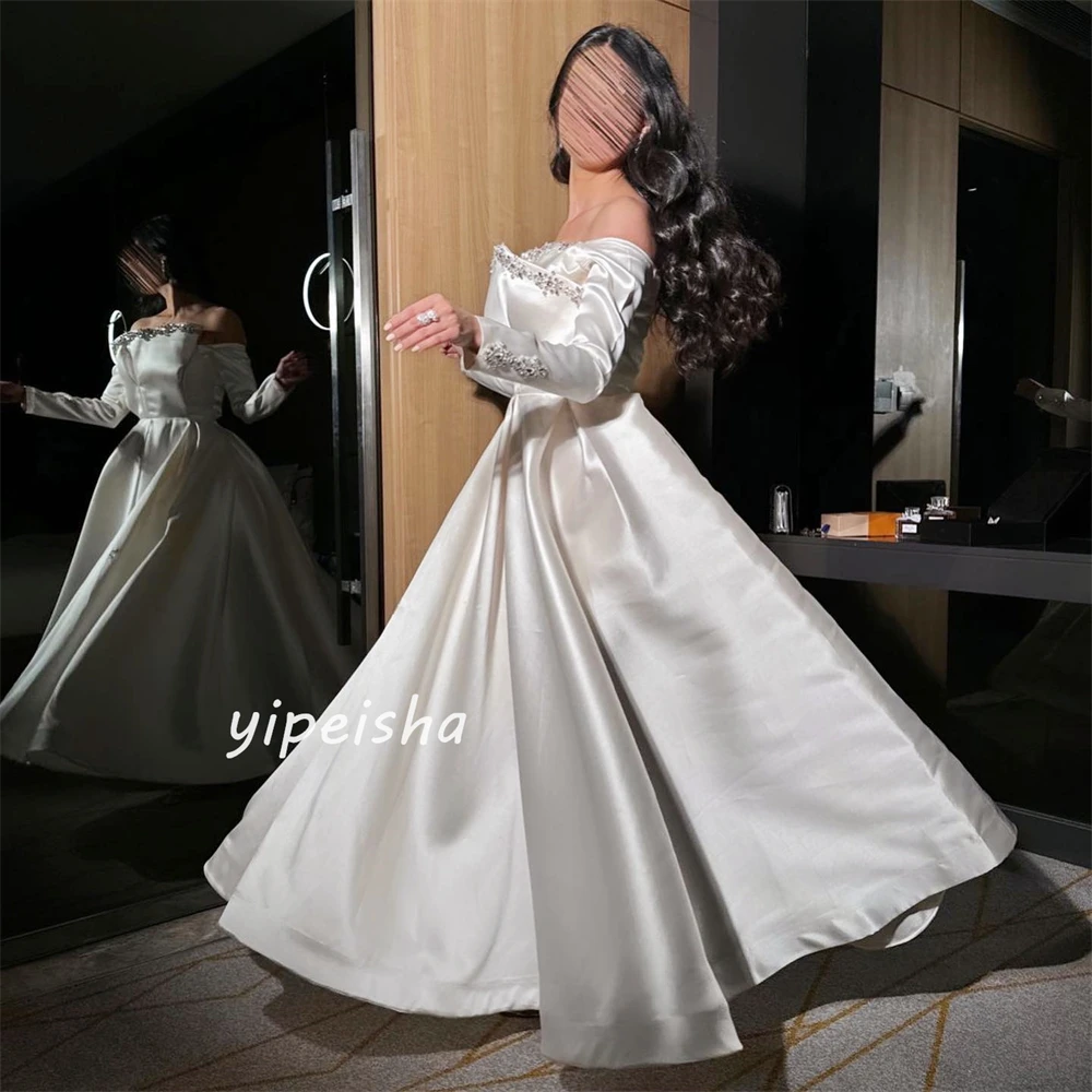 Satin Sequined Ruched Clubbing A-line Off-the-shoulder Bespoke Occasion Gown Long Dresses