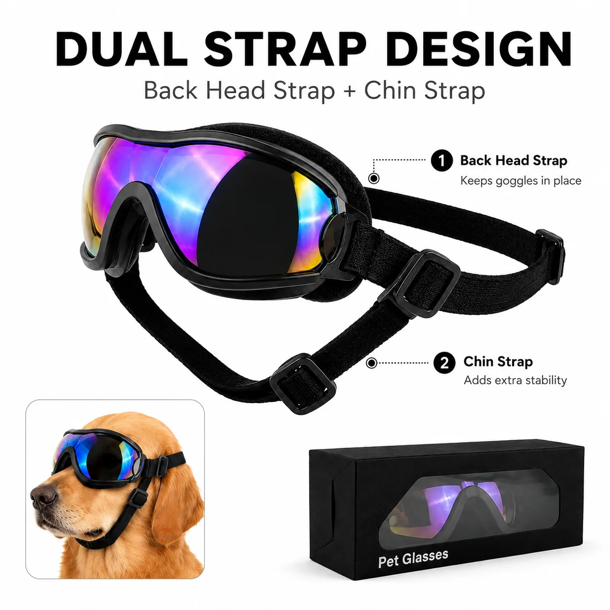Hundebrille mit Einzelverpackung, UV-Schutz, Doppelriemen für kleine, mittelgroße und große Hunde, Outdoor-Fotorequisiten für Reisen – Detail 4