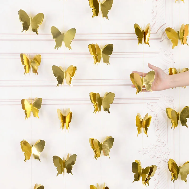 Pancarta de papel de mariposa 3D para boda, fiesta de cumpleaños, guirnalda colgante DIY, suministro de decoración para fiesta de cortina colorida