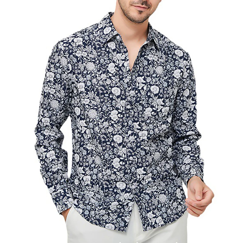 

Stretch Floral Dress Shirts Mens Button Down Long Sleeve Shirts Print T-shirts Beach Casual Shirts Outdoor Working Tops For Men