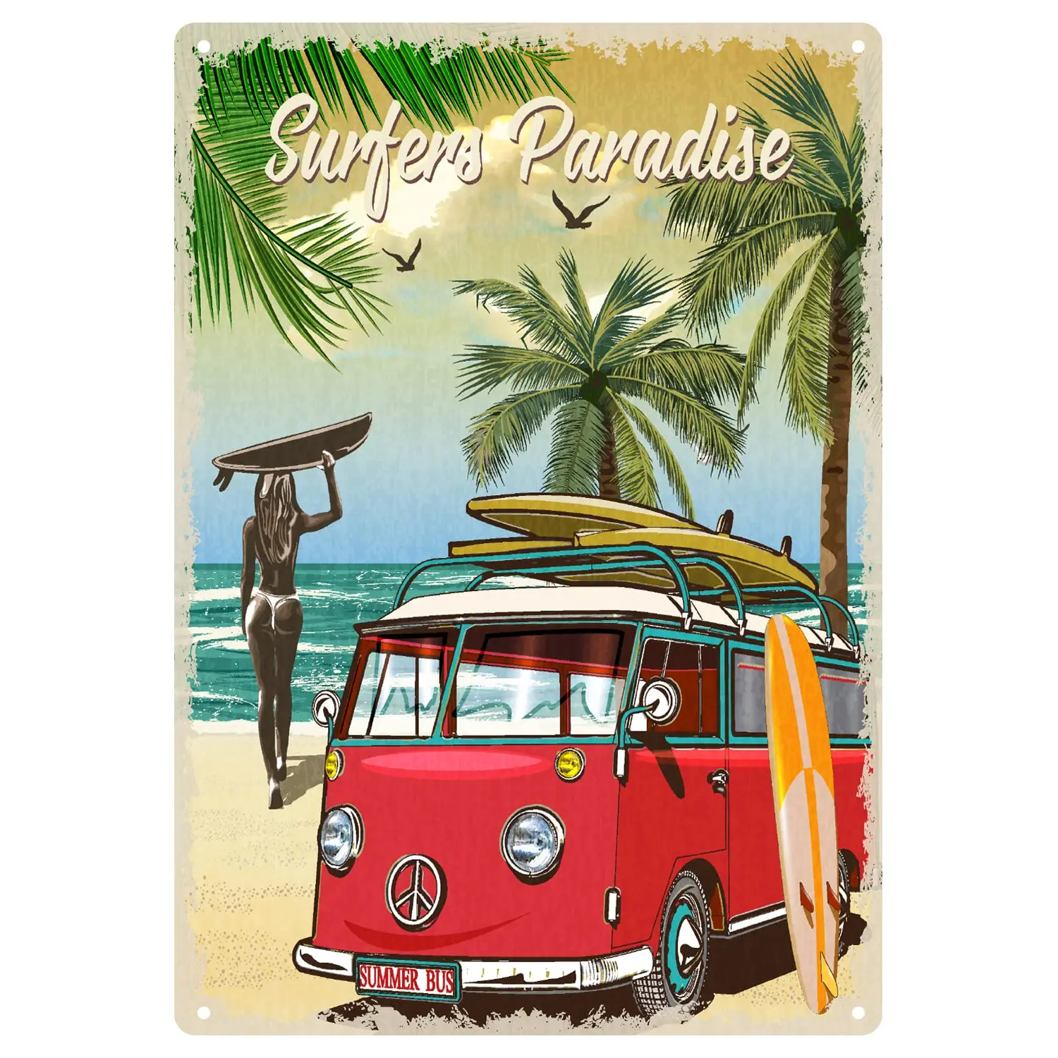 HUIXIA Surfers Paradise Tin Sign, Beach Surfer Lover Bus Sea Vintage Metal Tin Signs For Men Woman, Quotes Plaque Wall Decor For