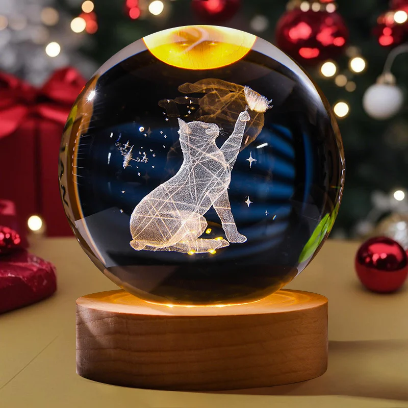 Cat Butterfly Ball Night Light, Engraved Plug in LED Wooden Base Bedroom Desk Table Holiday Party Decor Christmas Gift Christmas
