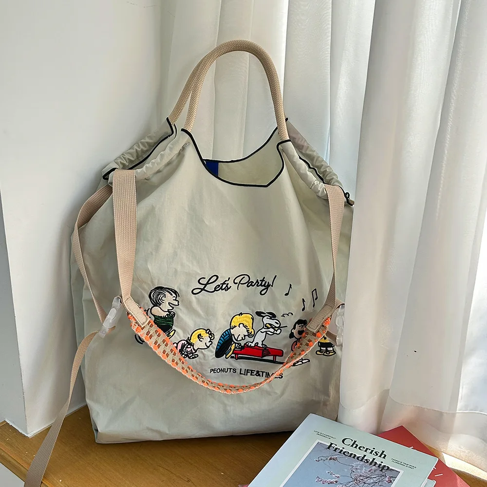 Snoopy bolsa de ombro simples feminina, bolsa escolar de grande capacidade para compras, casual, bolsa transversal, primavera verão
