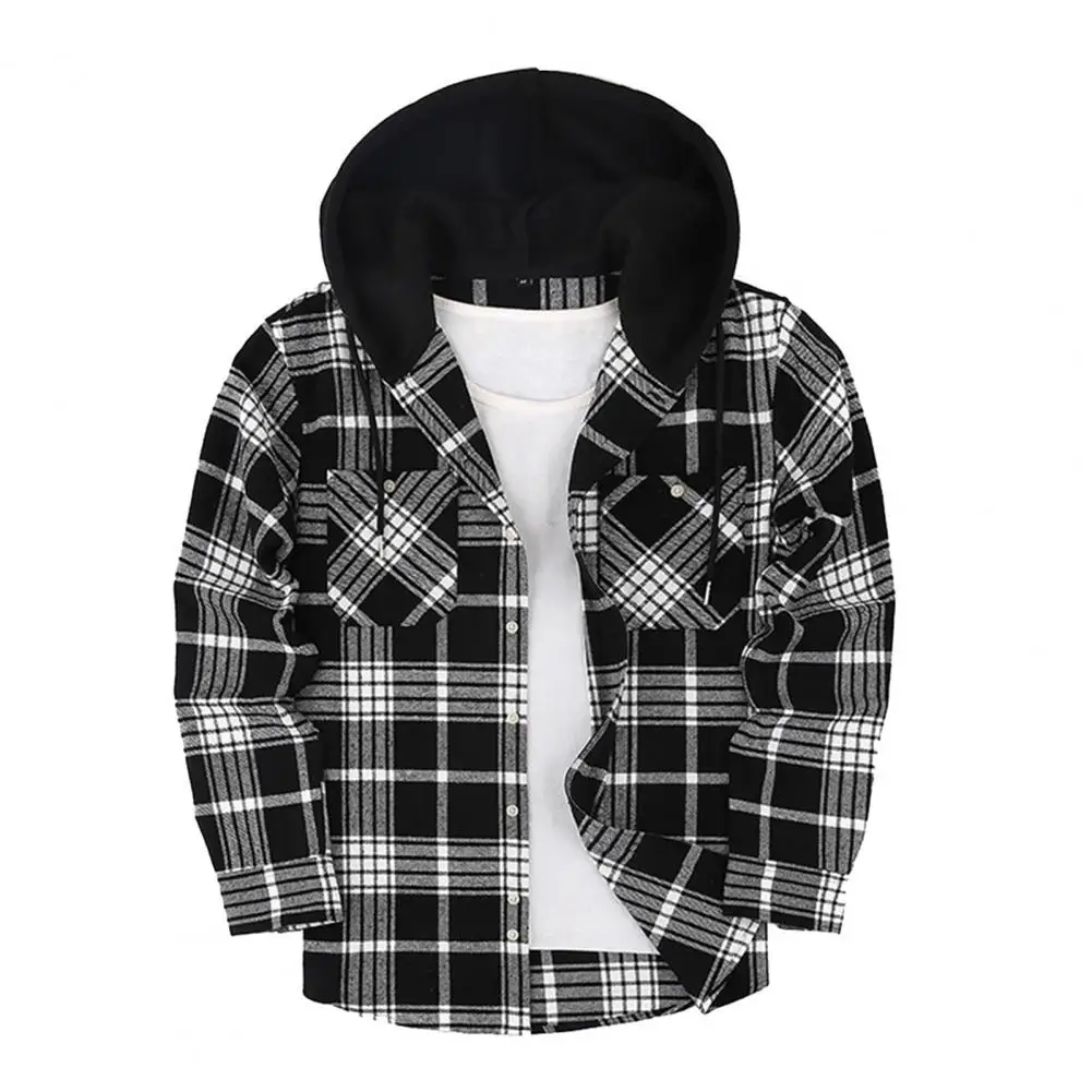 Spring Autumn Men's Hooded Shirts Classic Plaid Casual Button Down Hoodies Long Sleeve Shirts Jacket Tops