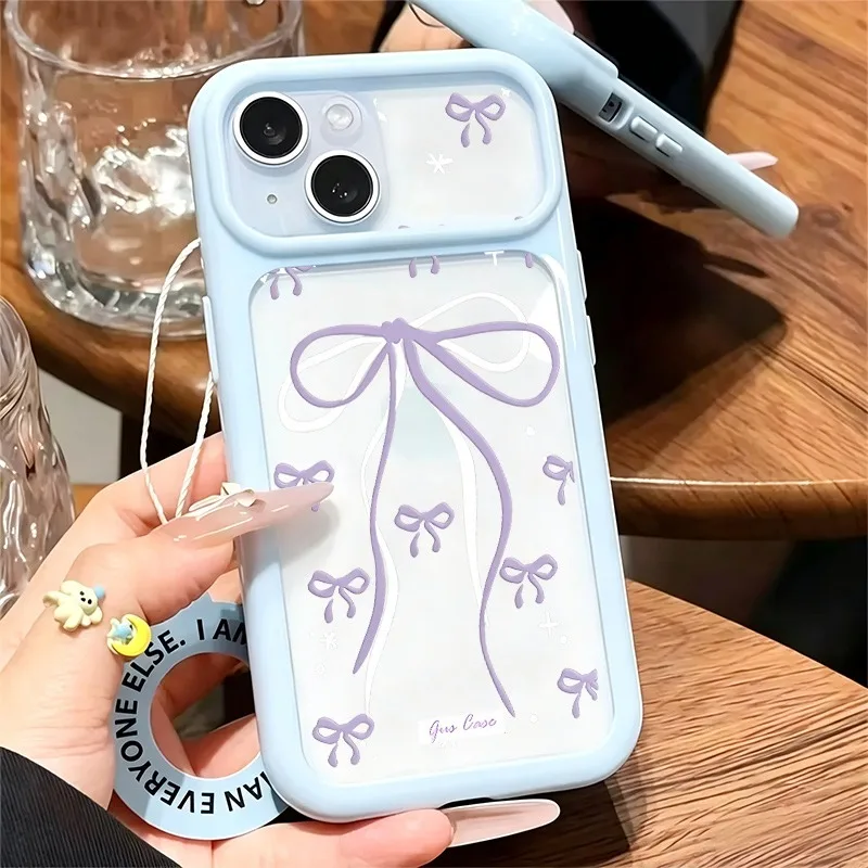 Sweet Light Purple Big & Small Bow Transparent Phone Case, Anti-Slip Large Window Protective Shell For iPhone