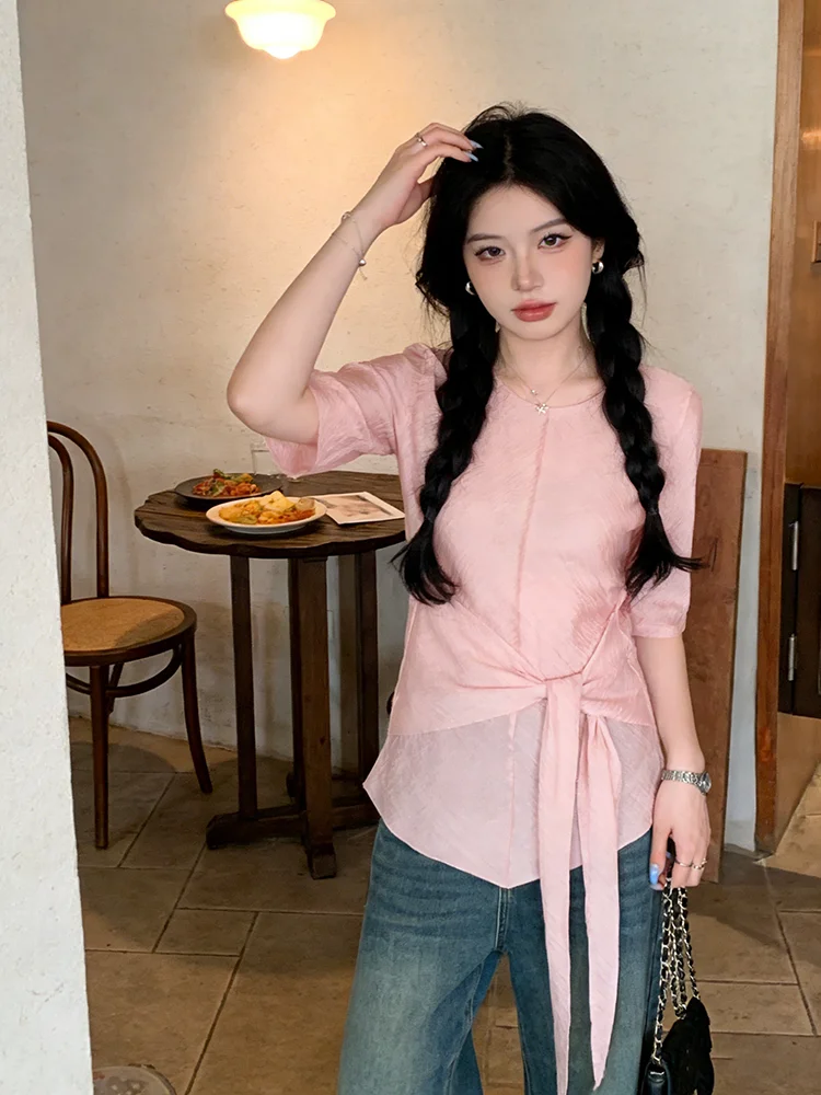 Lace Short Sleeve T-Shirt Women's Spring Design Belted Slim Fit Summer New Style Casual Soft Waist Cinched round Neck Top