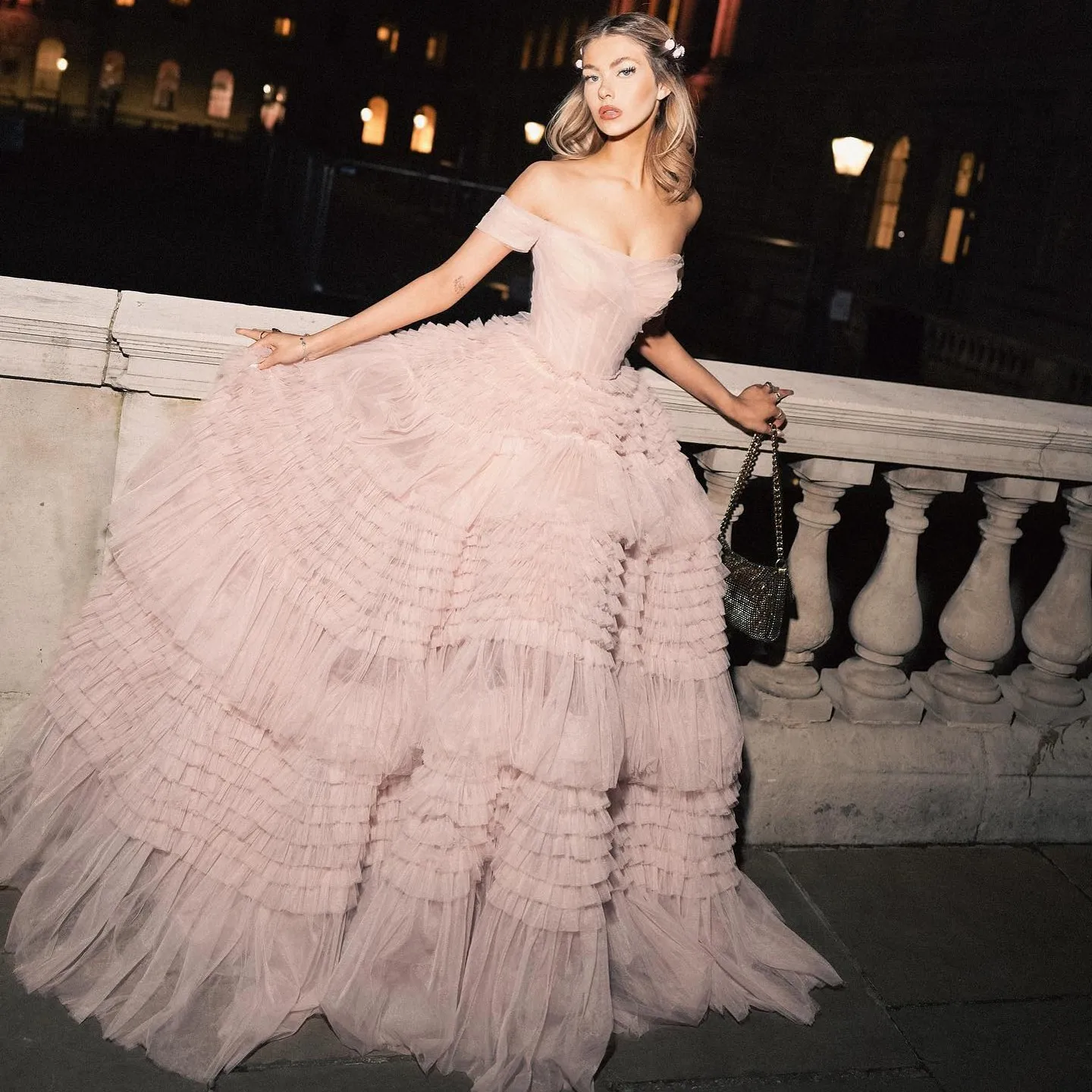 Princess Blush Pink Ruffles Trimmed Tulle Long Women Event Dresses Pretty A-line Long Tutu Tulle Bridal Dresses Lace Up Back