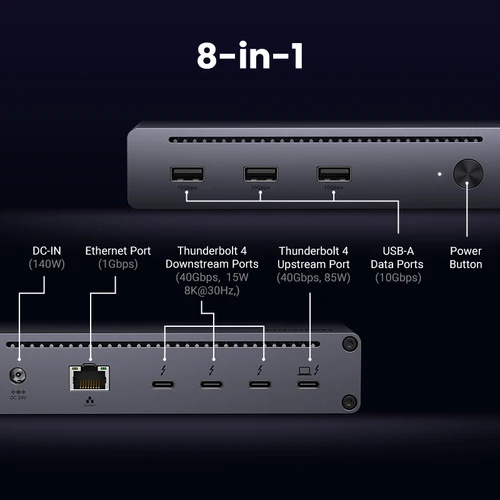 Imagen 2 del producto UGREEN Estación de acoplamiento 8 en 1 8K30Hz Thunderbolt 4 40Gbps Dock USB3.2 Gen2 10Gbps con adaptador UE para portátiles MacBook PC USB HUB