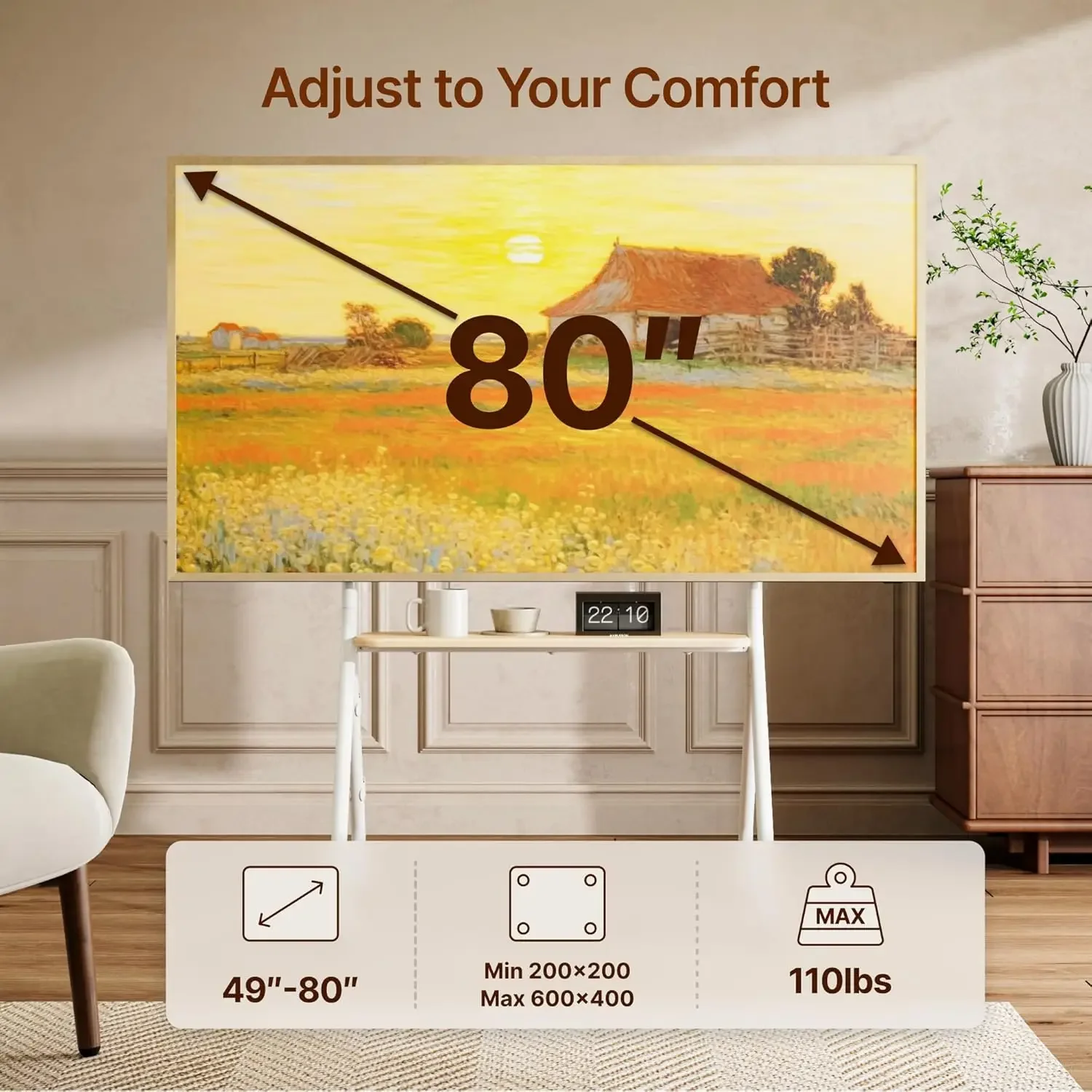 Rolling Easel TV Stand for 49–80 Inch TVs, Mobile TV Cart with Lockable Wheels, Height Adjustable Floor Stand with Wood Shelves