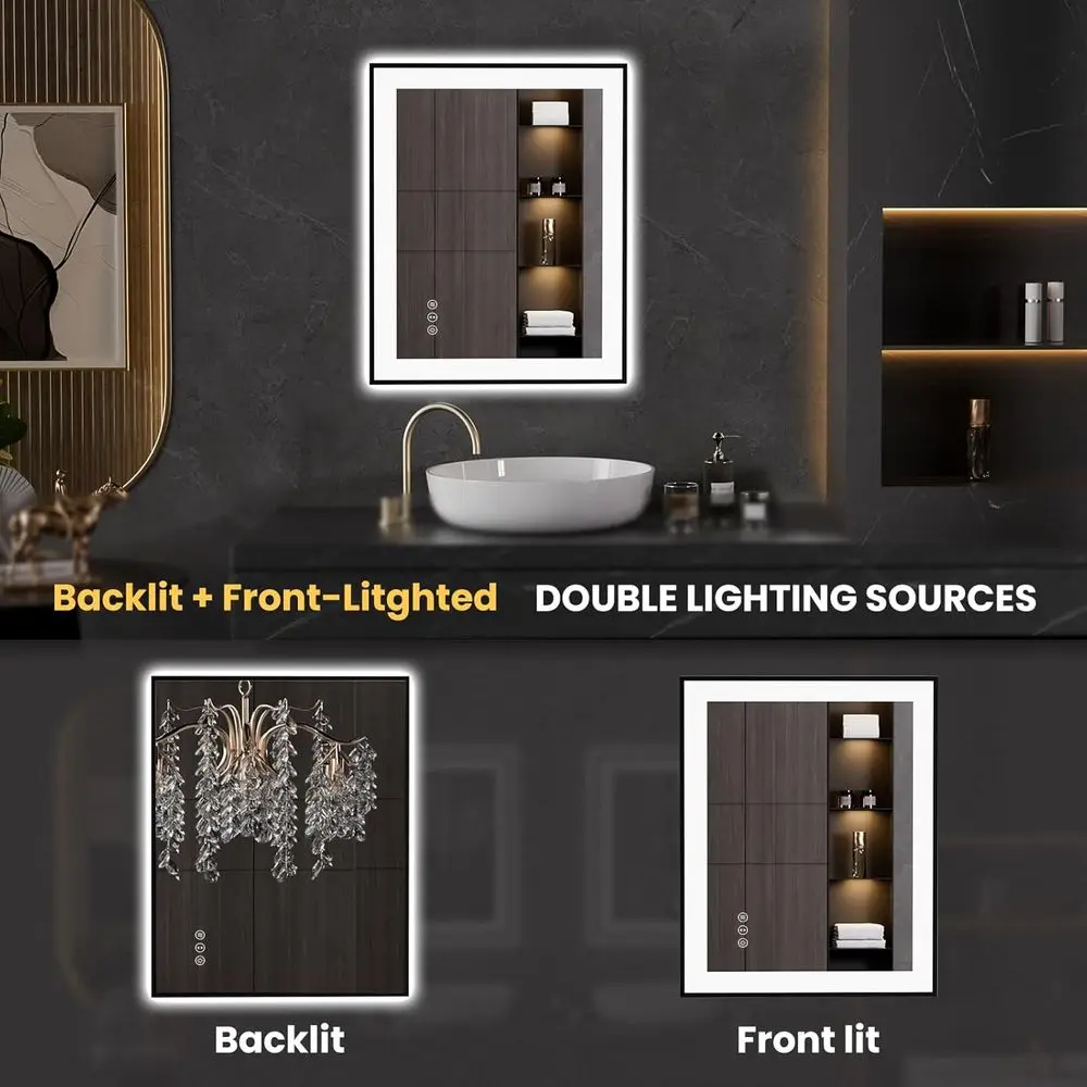 24x30 Inch Black Framed LED Bathroom Mirror with Anti-Fog, Dimmable Lighting, Tempered Glass and Memory Function