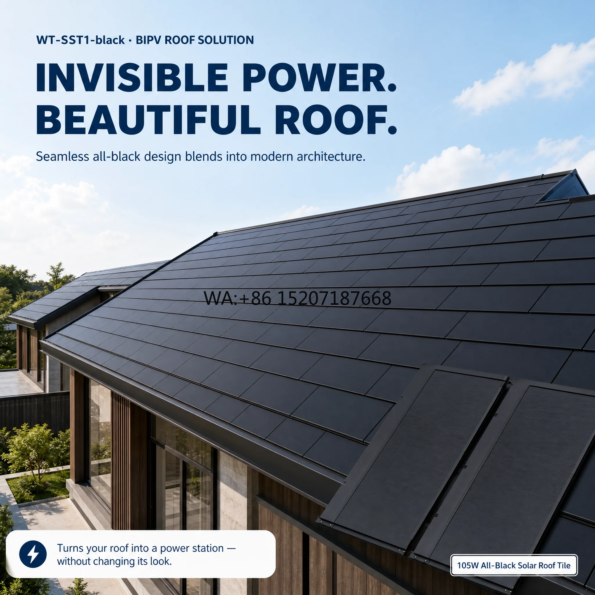 Roof Tile Thin Film Building Integrated Solar Energy Tile Replacement All Black Framed 105W BIPV Solar Shingle CdTe Photovoltaic