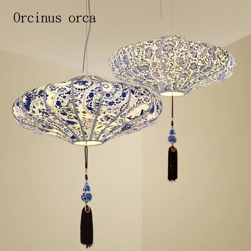 The new Chinese wind Zen of blue and white  restaurant living room   Southeast Asia lantern cloth chandelier