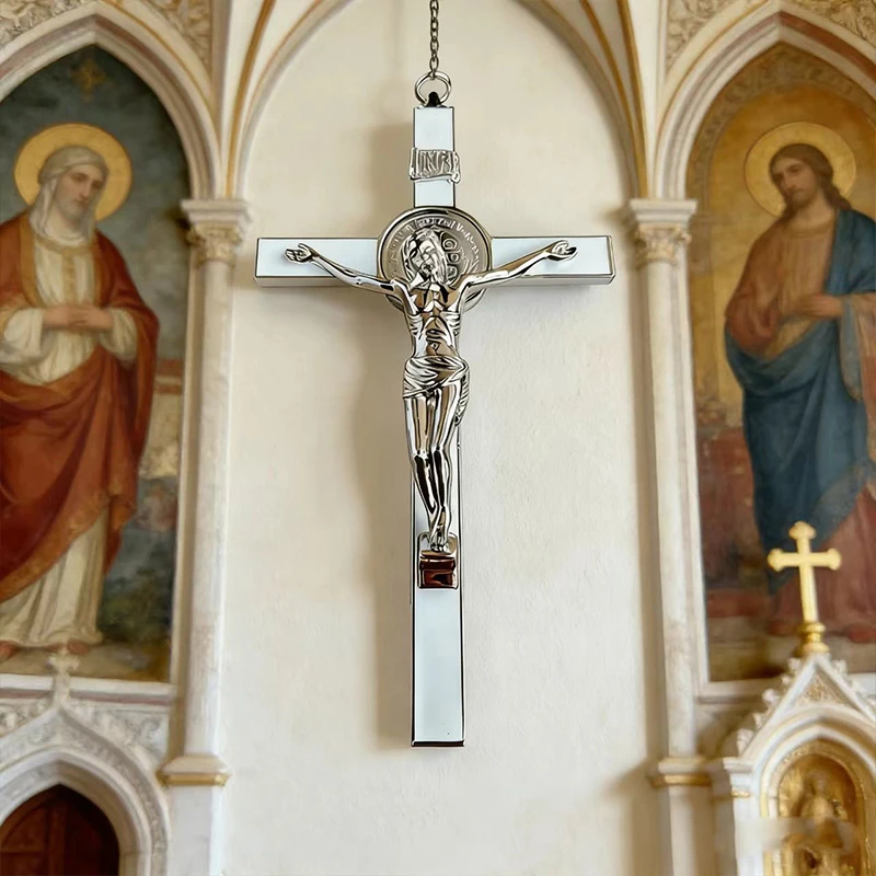 Neu2026 Traditionelles silberfarbenes katholisches St.-Benedikt-Kruzifix mit INRI-Gravur für Kirchenaltar und spirituelle Heimdekoration – Detail 16