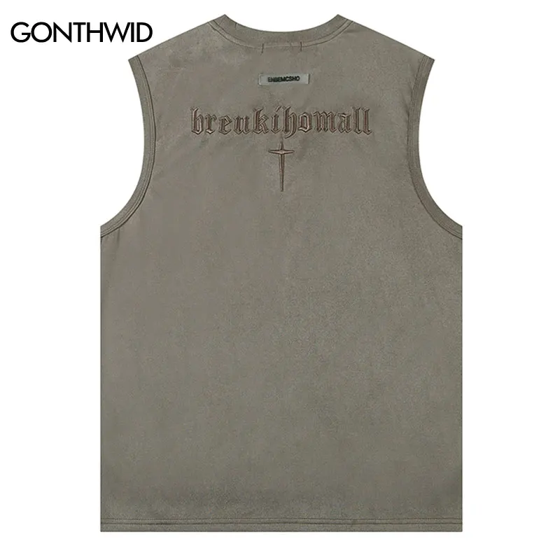 Men Suede Tank Tops Y2K Streetwear Hip Hop Embroidery Letter Sleeveless T-Shirt 2023 Summer Fashion Harajuku Loose Vest