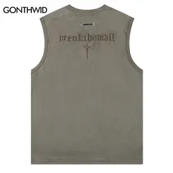 Men Suede Tank Tops Y2K Streetwear Hip Hop Embroidery Letter Sleeveless T-Shirt 2023 Summer Fashion Harajuku Loose Vest