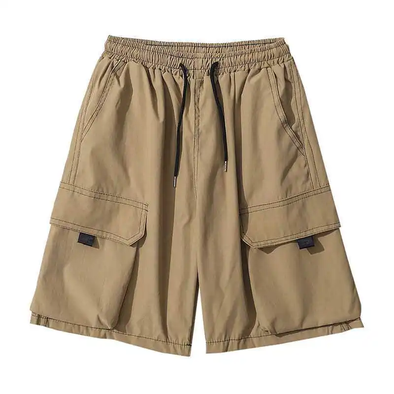 2024 New Fashion Japanese Retro Khaki Cargo Shorts Men Loose Casual Elastic Waist Trendy Brand Ins Five-point Pants Men Shorts