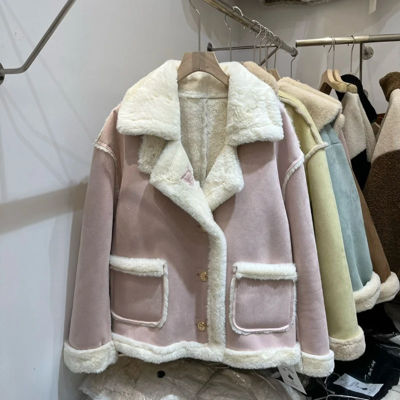 

Women Coats Jackets Full Sleeve Turn Down Collar Thick Warm Lamb Wool Y2k Streetwear Elegant Open Stith Autumn Winter 2025