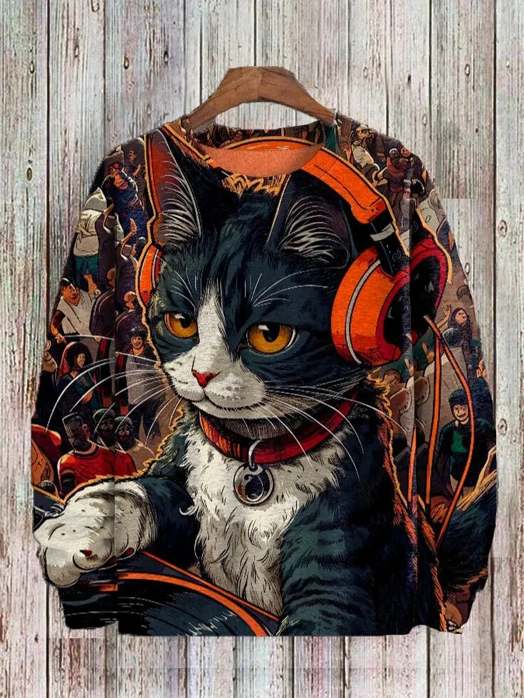 Men's Animal Cat Sweatshirt Long Sleeve Sweatshirt Crew Neck Fashion Cool Daily 3D Printed Japanese Art Print Casual Sweatshirt