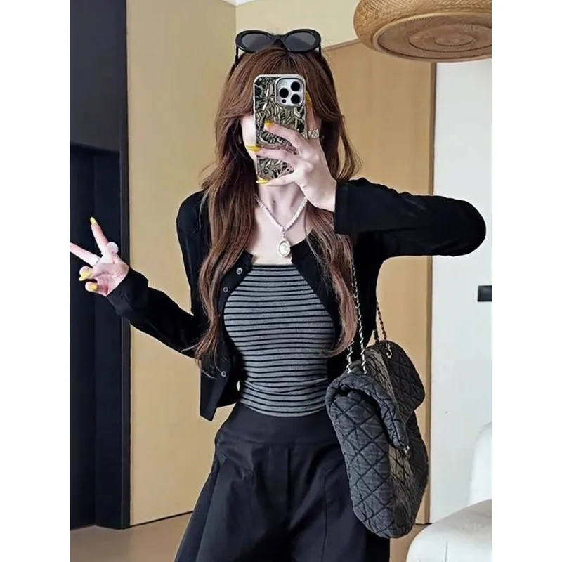 Sexy Stripe Long Sleeve Crop Top And Vest Set for Women Fashionable Outerwear Design Autumn Collection Loose Fit Polyester Blend