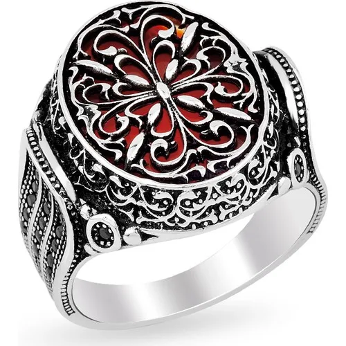 Takıhan 925 Sterling Silver Agate Stone Mosaic Pattern Ring