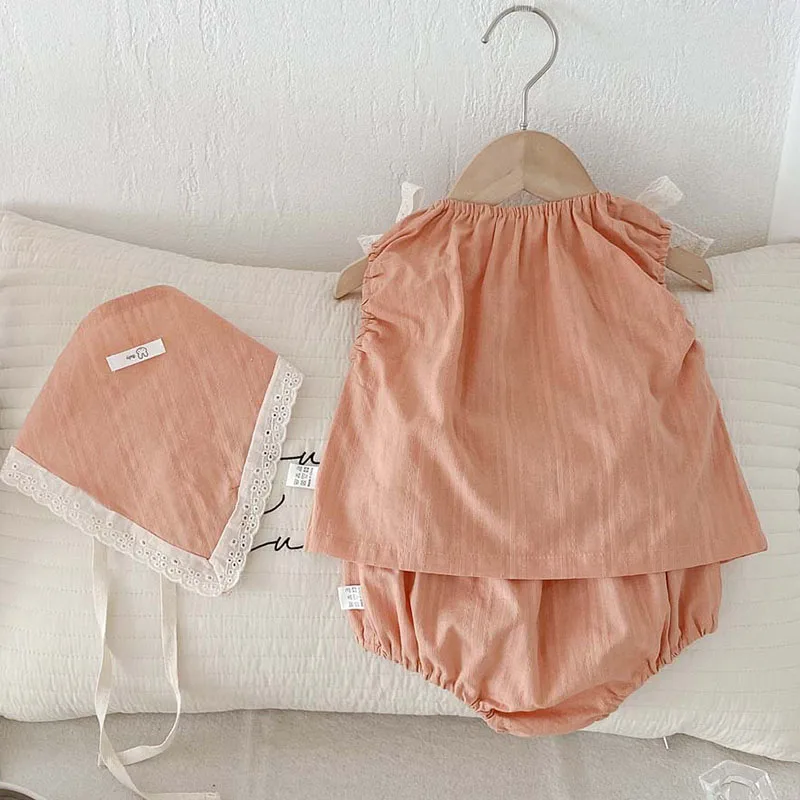 2025 New Summer Korean Style 0-3Yrs Children Clothes Suit Sleeveless Cotton Vest+PP Shorts+Hat Newborn Baby Girls Clothing Set