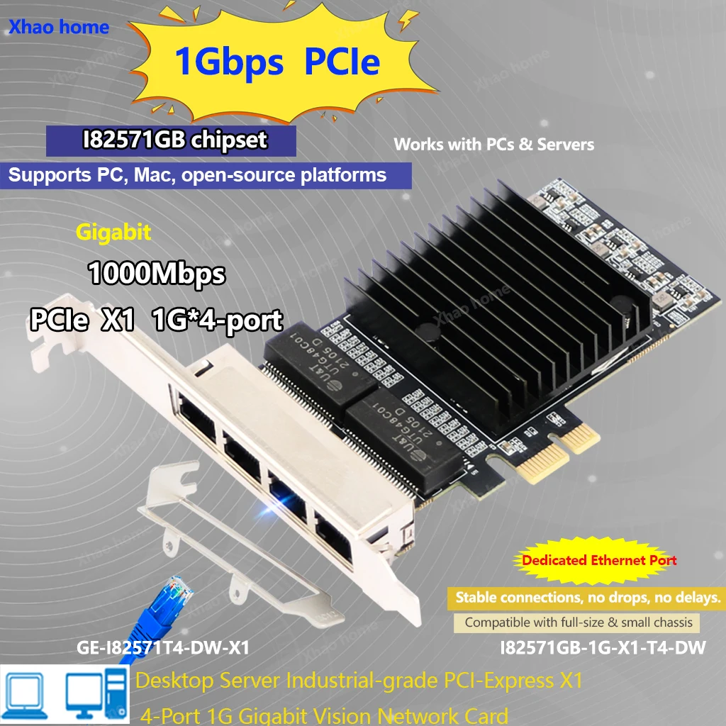 

For Intel i82571 Quad Port Gigabit PCI-E Network Card - 4x 1Gbps Ethernet Ports, X1 Slot Servers Desktop PCs for Windows/Linux