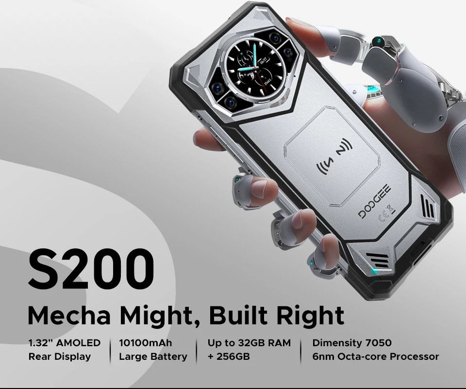 DOOGEE S200 Rugged Phone 5G Dimensity 7050 Octa Core 1.32" AMOLED Rear Display 12GB RAM+256GB ROM 100MP Camera 10100mAh 5G Phone