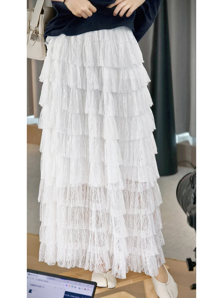 

MeiYang Mid-Length Cake Skirt Lace High Waist Loose Fit Nylon Fiber Baking Dr Friday Casual Women's Premium Faion